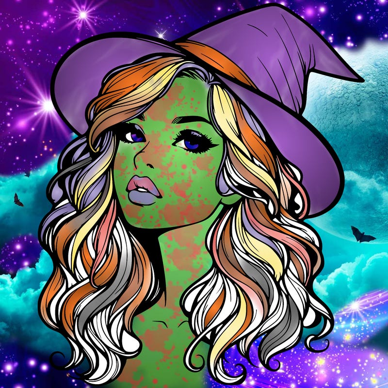 realistic witch girl with wavy hair and lips