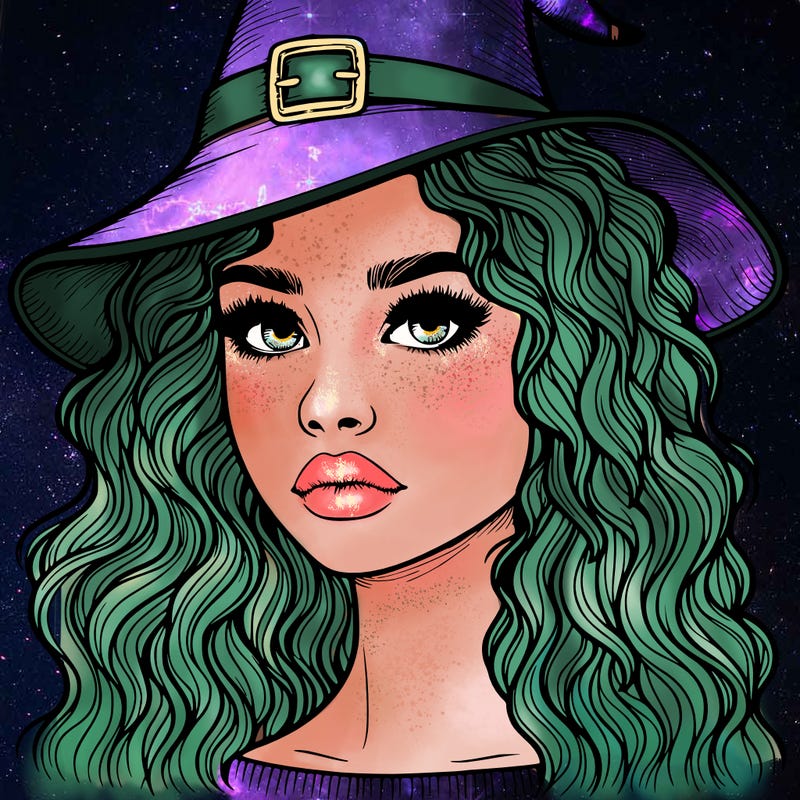 realistic girl with wavy hair a witch hat and a nose and lips and eyes