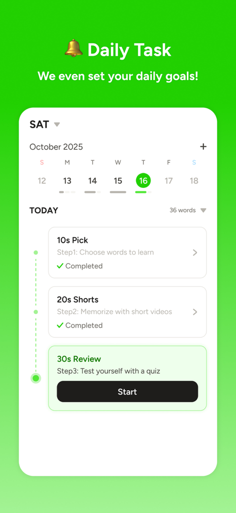 Quik: Magical Vocab Memory - Interfaz de tareas diarias en la aplicación Quik que muestra un plan de estudio de tres pasos para el vocabulario del SAT que incluye selección de palabras, clips de video y cuestionarios