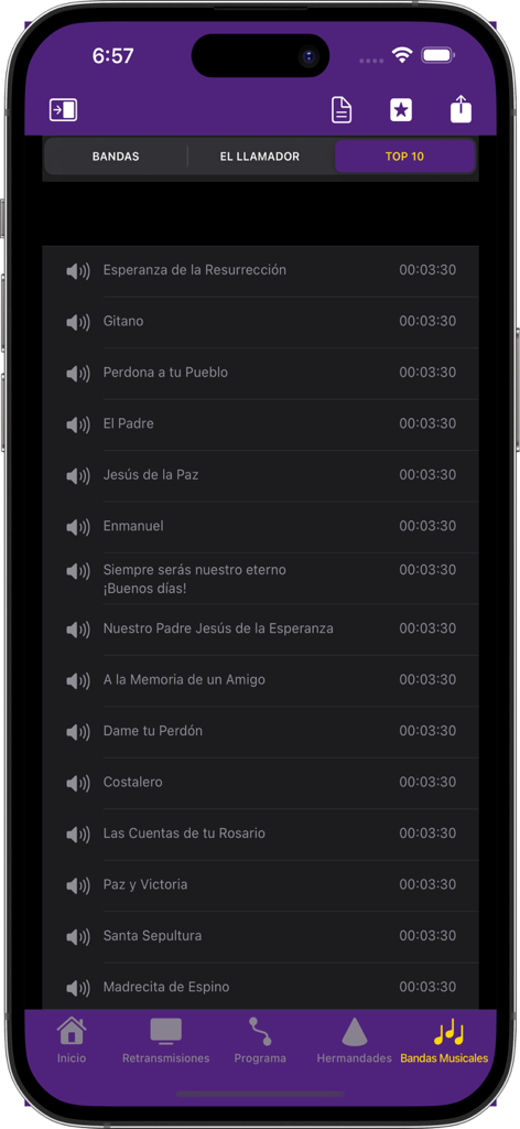 Une liste de bandes musicales et de chansons de procession dans l'application mobile Semana Santa Sevilla 2025