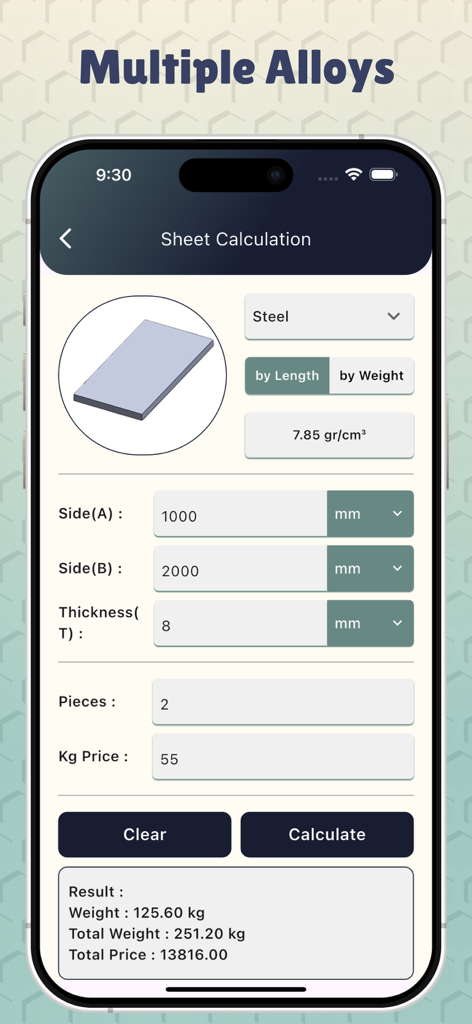 Metal Weight Calculators - Mobile app interface showing weight and price calculation for a steel sheet