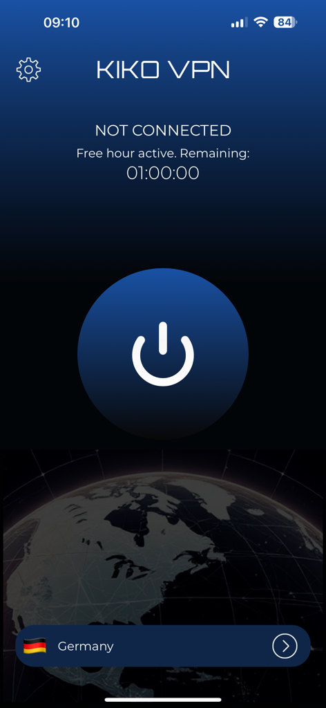 Kiko VPN mobile app home screen with a large power button and one hour of free daily access