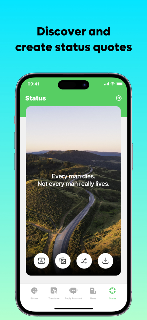 A smartphone showing the AIBooster app interface with an inspirational quote over a mountain landscape photo.