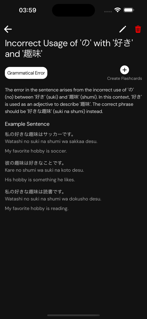 Hanashi - AI Language Learning - AI generated Japanese grammar correction with example sentences in the Hanashi app