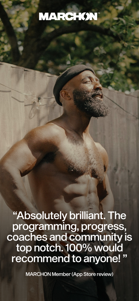 MARCHON TRAINING - Atleta musculoso ao ar livre com uma avaliação positiva do usuário para o aplicativo Marchon Training