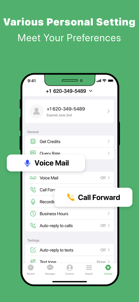 Interface do aplicativo Número de Telefone Secundário mostrando configurações personalizáveis para encaminhamento de chamadas do correio de voz e horário comercial