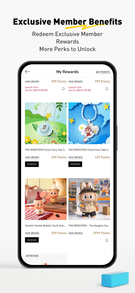 Exclusive member benefits and rewards page in the POP MART Americas mobile app