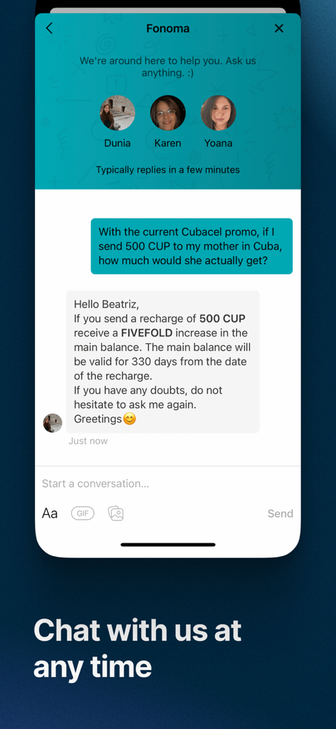 Captura de tela da interface de suporte por chat ao vivo do app Fonoma mostrando uma conversa sobre uma promoção da Cubacel