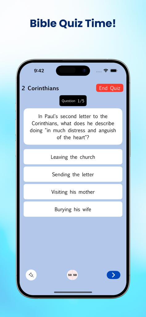 John Gill's Bible Commentary. - A mobile phone showing a multiple choice bible quiz question about 2 Corinthians within the John Gills Commentary app