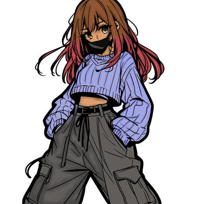 anime teen girl with baggy pants and crop top with sweater