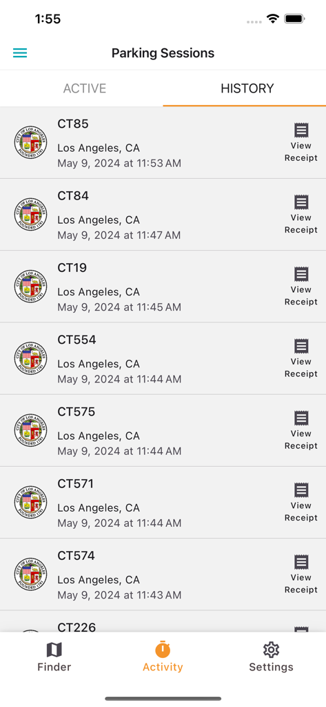 Park Smarter - Una lista de sesiones de estacionamiento pasadas en Los Ángeles en la pantalla de historial de la aplicación Park Smarter con botones para ver recibos.