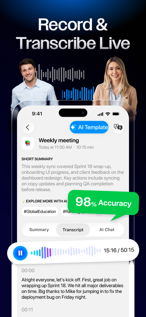 Interfaz de la aplicación Noteleap AI que muestra grabación de voz en vivo y transcripción de reuniones con una insignia de alta precisión