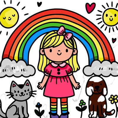a rainbow a little girl with a cat a a sun and dog