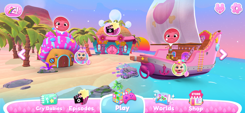 Cry Babies Magic Tears - Escena de juego de la Isla Tropical en Cry Babies Magic Tears con un barco pirata rosa y casas de playa