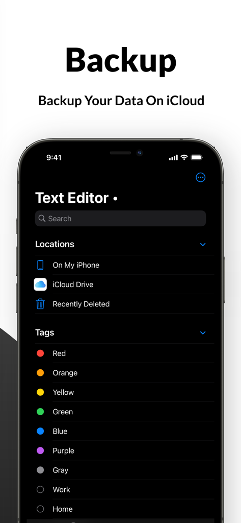 Text Editor - Document Editor - Text Editor app interface showing iCloud backup and file tags in dark mode