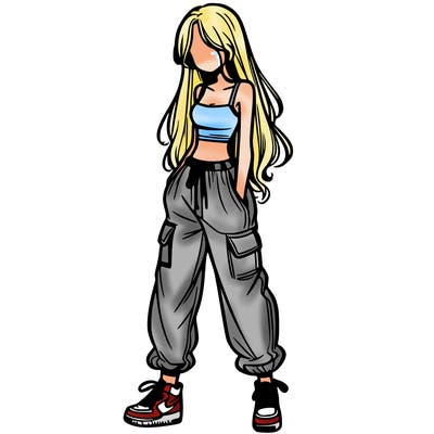 girl in baggy pants crop top and long hair
