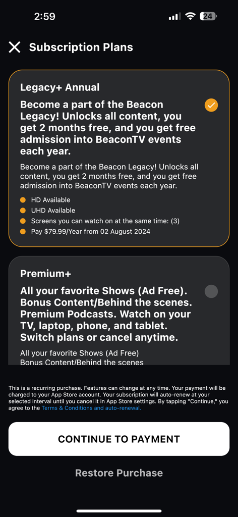 BeaconTV - BeaconTV subscription screen displaying Legacy plus and Premium plus membership plans and pricing