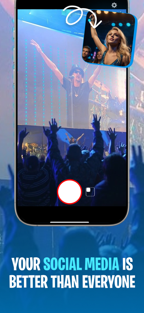 Double Camera Recorder - Double camera app recording a live concert with a front-facing selfie reaction in a picture-in-picture window.