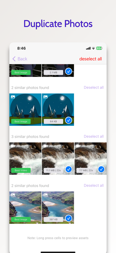 duplicate photos fixer - clean - 앱 인터페이스가 저장 공간 관리를 위해 유사한 이미지 및 동영상이 그룹화되어 있음을 보여줍니다.