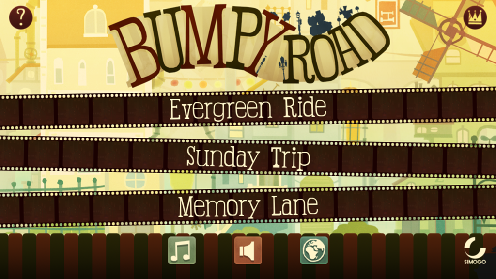 Bumpy Road - Main menu of Bumpy Road showing game modes on film strips against a whimsical city backdrop