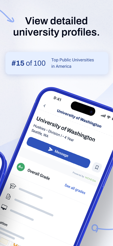 ASM Sports - A smartphone showing the ASM Sports app university profile page for the University of Washington featuring rankings and a messaging button.