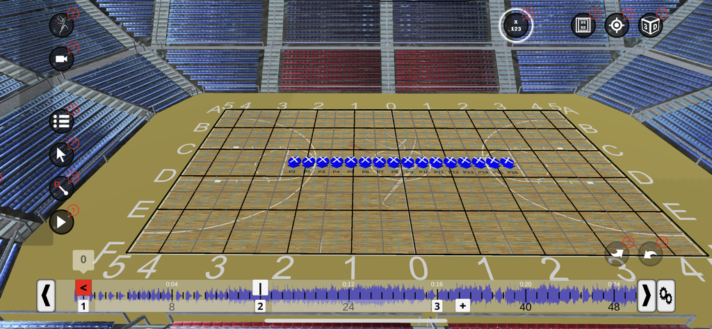 Pyware 3D - Pyware 3D app interface showing a line formation on a gymnasium grid