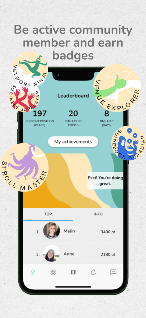 Willuwalk - Tabla de clasificación de la aplicación Willuwalk que muestra insignias comunitarias y clasificaciones de usuarios