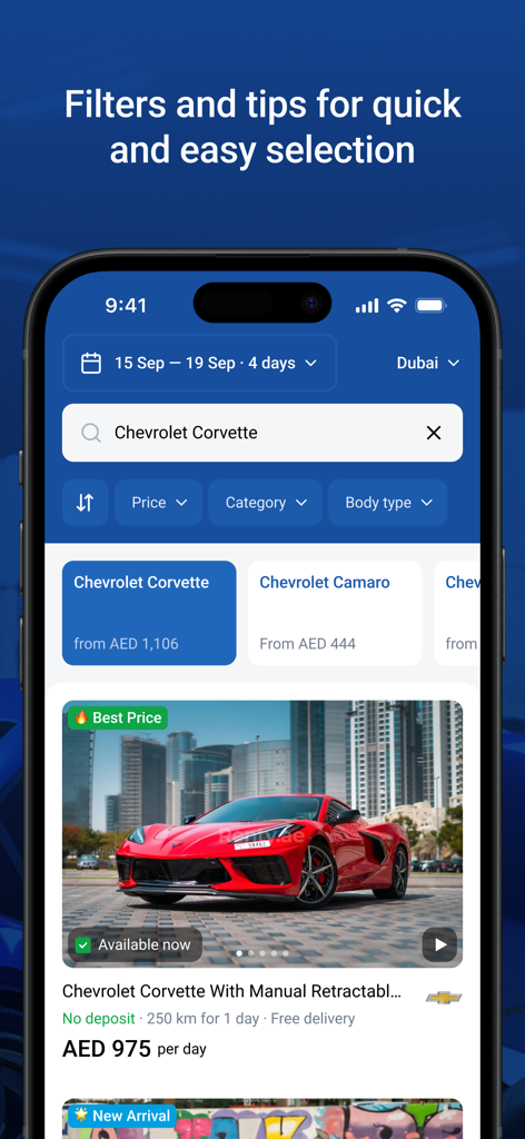 Screenshot of the Renty app displaying search results and filtering options for a Chevrolet Corvette rental in Dubai.