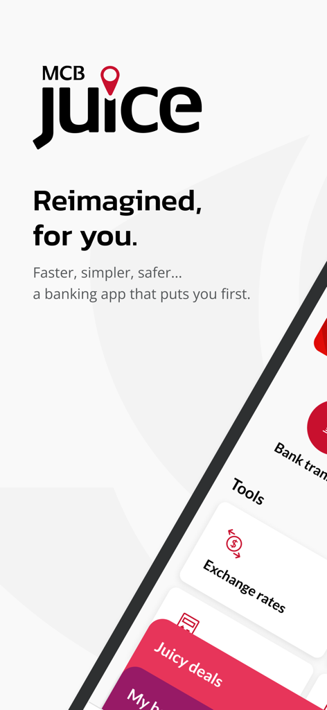 MCB Juice - MCB Juice mobile banking application interface with exchange rates and promotional offers