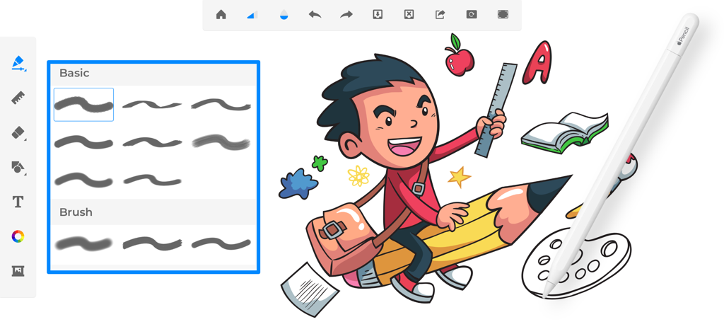 Drawing ▫ - Interface do aplicativo Drawing mostrando um menino de desenho animado andando em um lápis com várias opções de ferramentas de pincel e um Apple Pencil