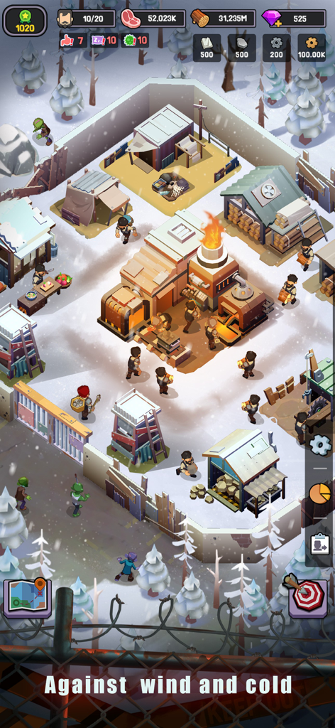 Survivor Base - Zombie Siege - Gameplay screenshot showing survivors managing a base in a snowy post apocalyptic environment