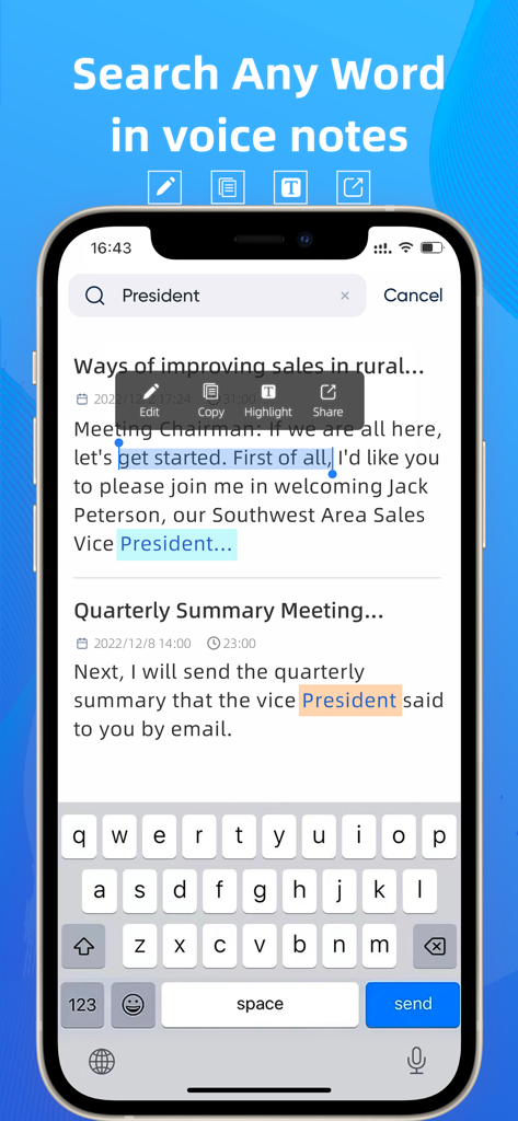iTranscribe - Audio to Text - Keyword search feature in the iTranscribe app for voice notes