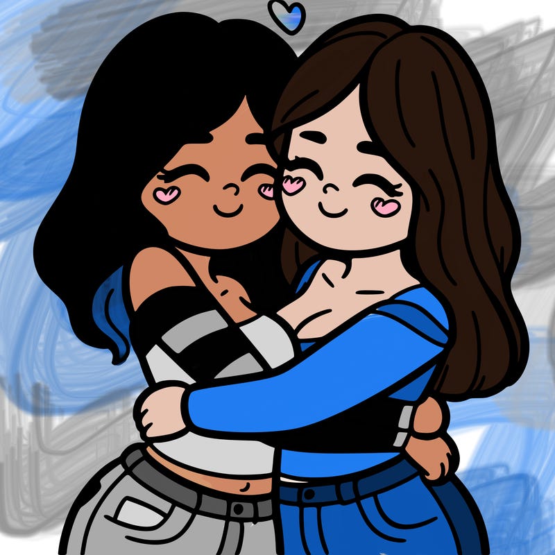 two females (pride month) hugging