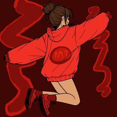 realistic girl jumping with a bun and oversized sweatshirt