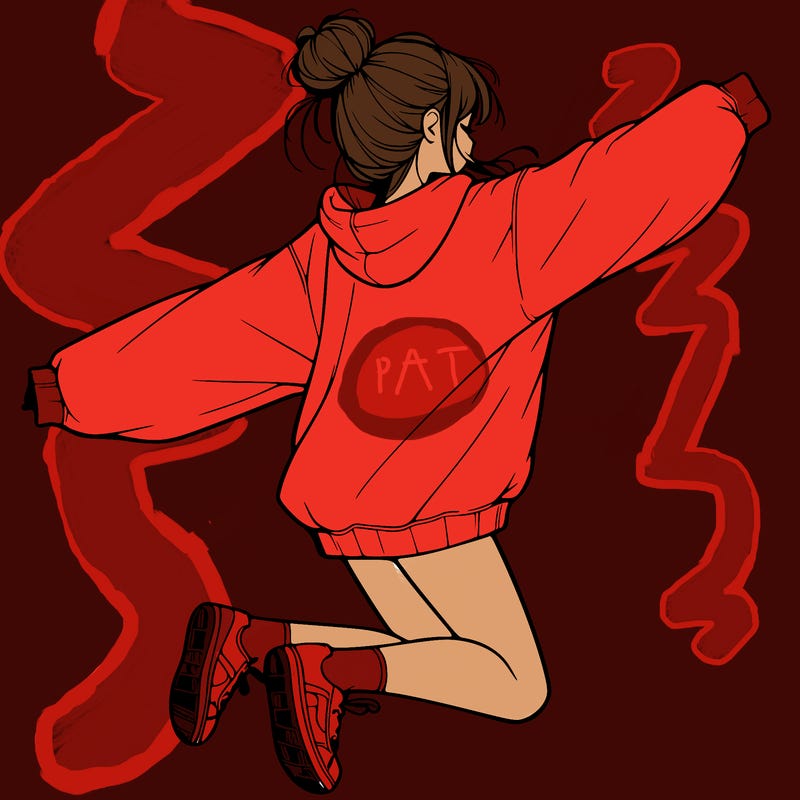 realistic girl jumping with a bun and oversized sweatshirt