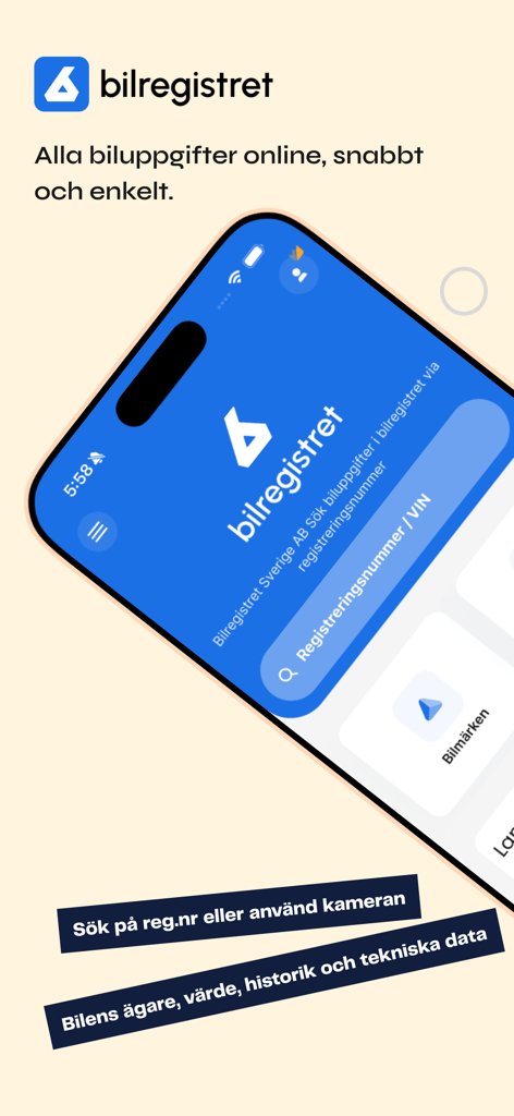 Bilregistret.ai mobile app screen for car registration and VIN search