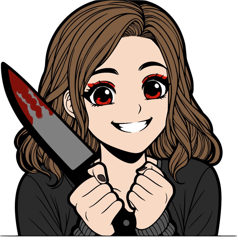 a realistic girl holding a knife and grinning