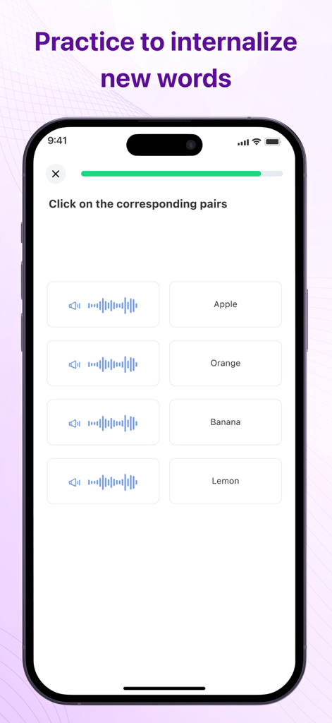 Learn English - 8 words a day - A vocabulary matching game in the Learn English app where users match audio pronunciations with fruit names like apple and orange