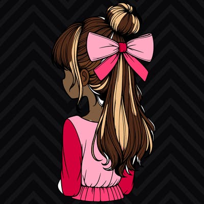realistic girl  with hip length hair a bun and a big bow on the back of head