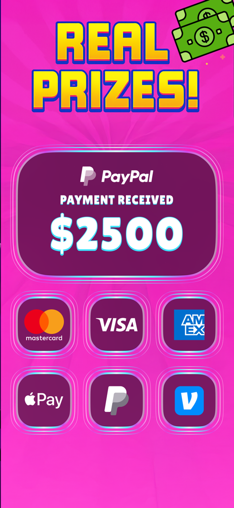 Blinko Cash - Real Money - Blinko Cash app interface showing a 2500 dollars PayPal payment notification and supported payment icons including Visa Mastercard and Apple Pay