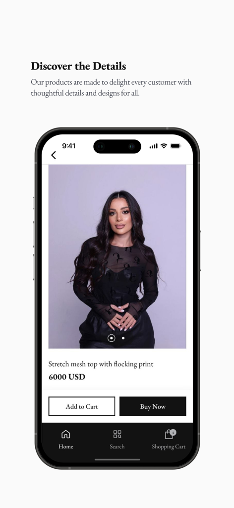 Sir Qochar - Product page of Sir Qochar app showcasing a black stretch mesh top with Armenian alphabet flocking print on a female model
