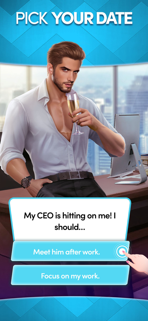 A romantic interactive story choice screen featuring a handsome CEO holding a glass of champagne.