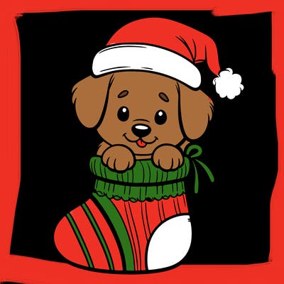 cute puppy wearing santa hat in socking