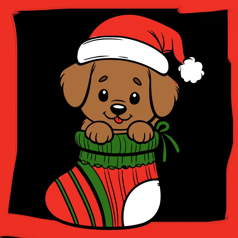 cute puppy wearing santa hat in socking