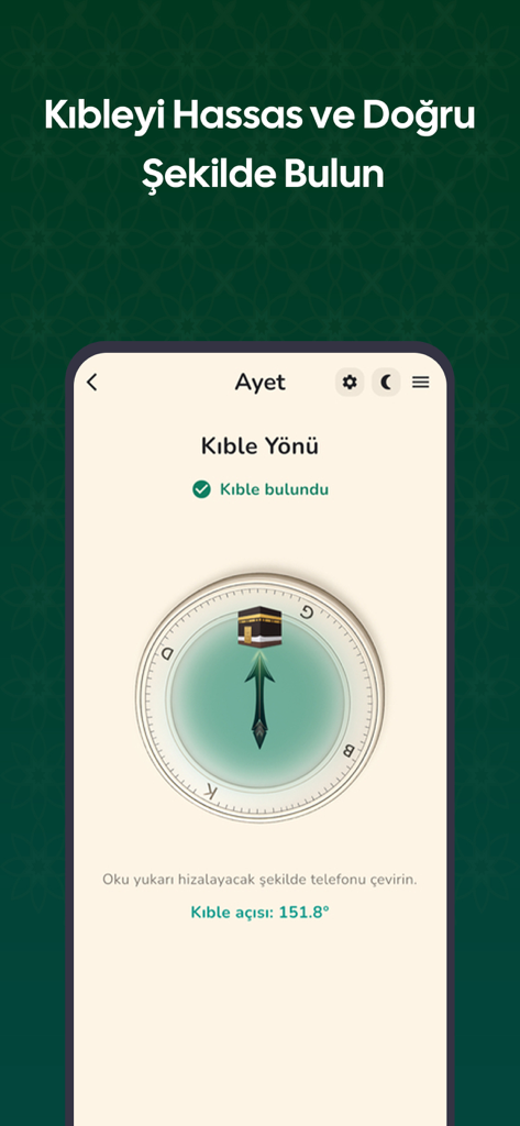 Ayet Online – Kur’an-ı Kerim - Una brújula digital de Qibla en la aplicación Ayet Online que muestra la dirección de la Kaaba para la oración