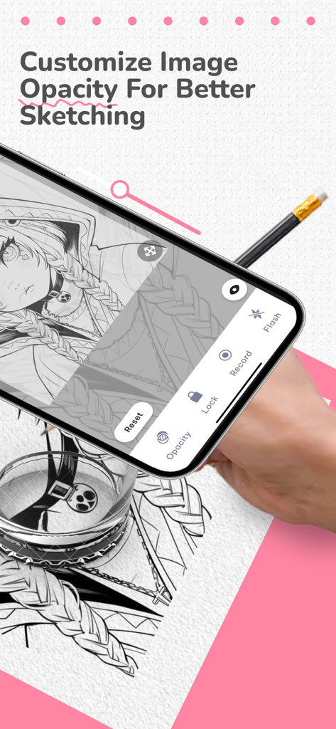 AR Sketch & Trace - Una mano sosteniendo un smartphone sobre un papel mientras calca un personaje de anime usando un control deslizante de opacidad ajustable en una aplicación de dibujo AR.