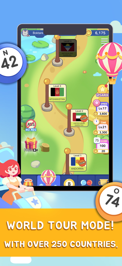 Coverall Bingo game screen showing the World Tour Mode map with country-themed levels and progression path.