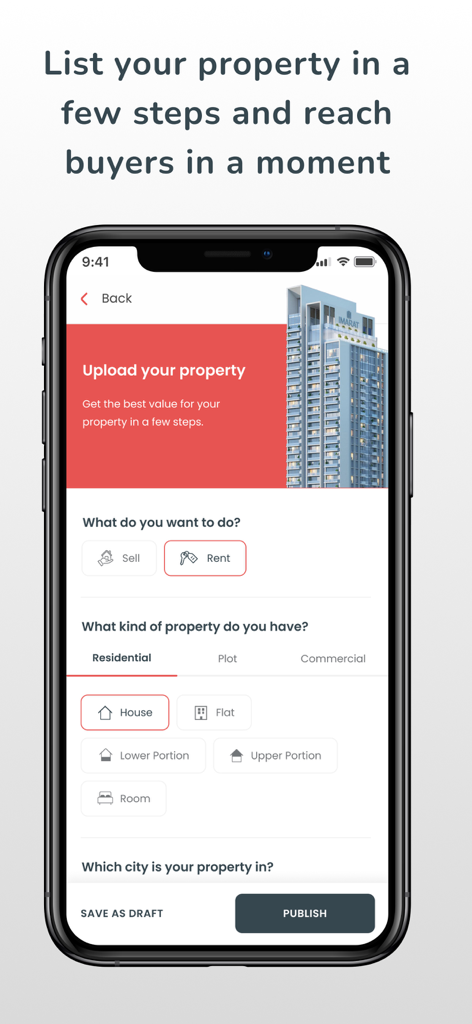 Graana: Real Estate Portal - Interfaz de la aplicación Graana para listar una propiedad en venta o alquiler en Pakistán