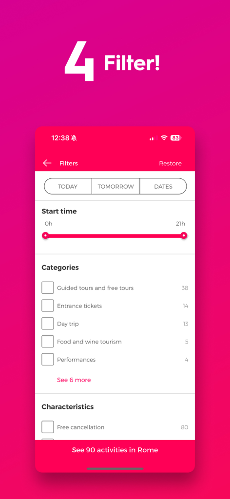 Interface do aplicativo Civitatis mostrando filtros de busca para atividades de viagem e tours em Roma.