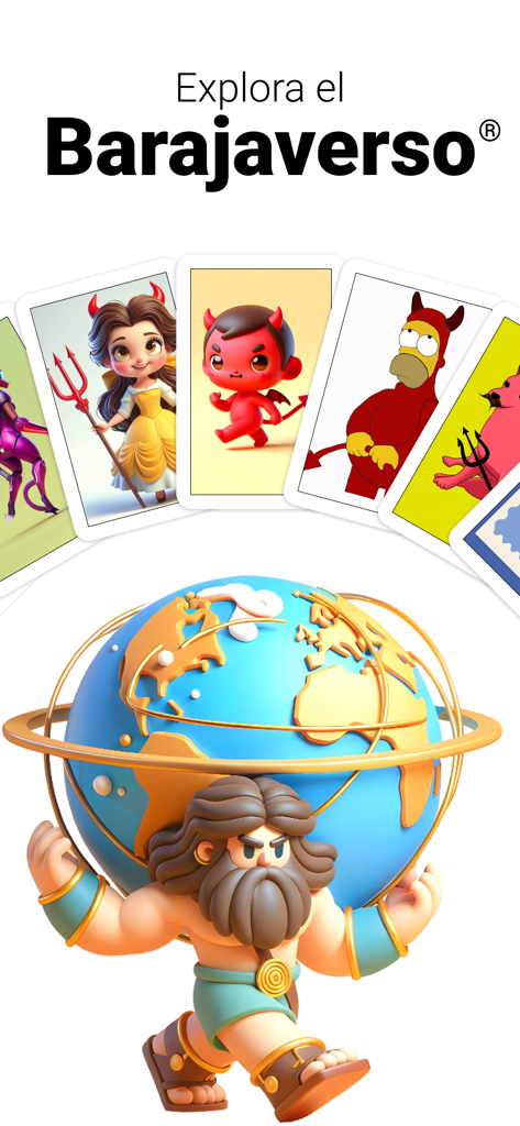 Barajaverso ® Lotería Mexicana - A fan of stylized 3D loteria cards above a cartoon Atlas figure carrying a globe